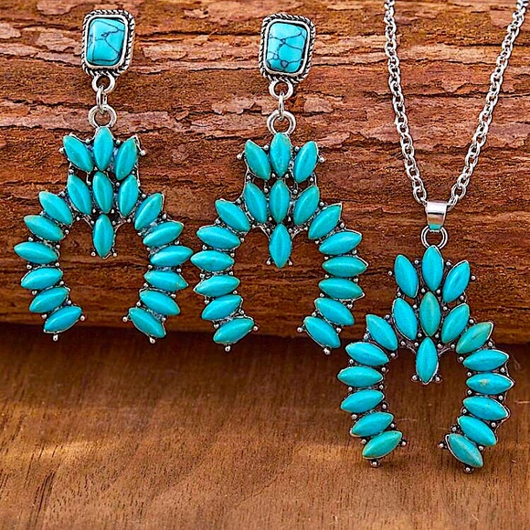 Western Squash Blossom Turquoise Necklace, Navajo Bohemian Necklace Earr… - Picture 2 of 5